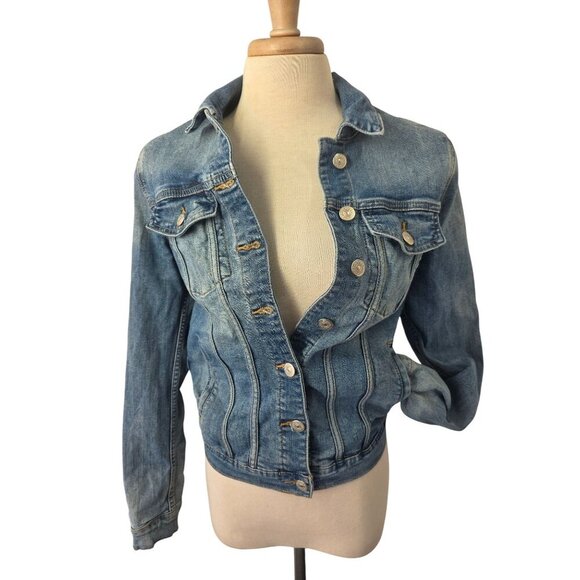 Justusa Denim Stretch Jean Jacket Women Sz S Buttons Distress Pockets Adjust Hem - Picture 3 of 10